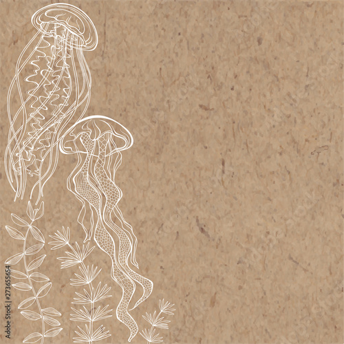 Sea background with jellyfish,seaweed and place for text on kraft paper. Vector. Invitation, greeting card or an element for your design. Vertical composition.