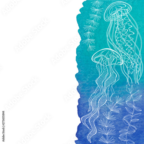 Sea background with jellyfish,seaweed,watercolor element and place for text. Vector. Invitation, greeting card or an element for your design. Vertical composition.