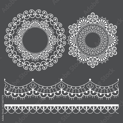 Mandala lace vector pattern, vintage round design with flowers and swirls in white on gray background