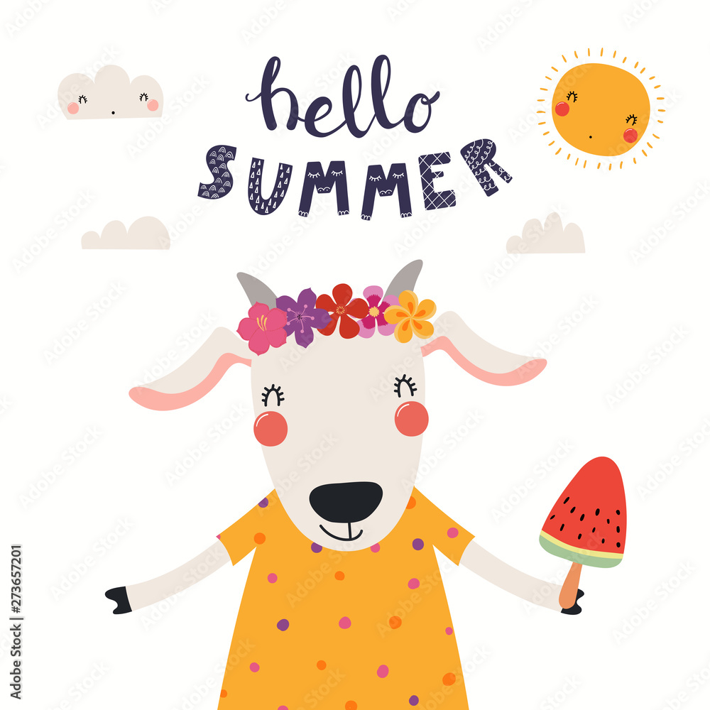 Hand drawn vector illustration of a cute goat eating ice cream, with lettering quote Hello Summer. Isolated objects on white background. Scandinavian style flat design. Concept for children print. Hand drawn vector illustration of a cute goat eating ice cream, with lettering quote Hello Summer. Isolated objects on white background. Scandinavian style flat design. Concept for children print.
