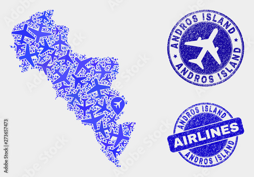 Airline vector Andros Island of Greece map mosaic and grunge watermarks. Abstract Andros Island of Greece map is formed of blue flat scattered airline symbols and map locations.