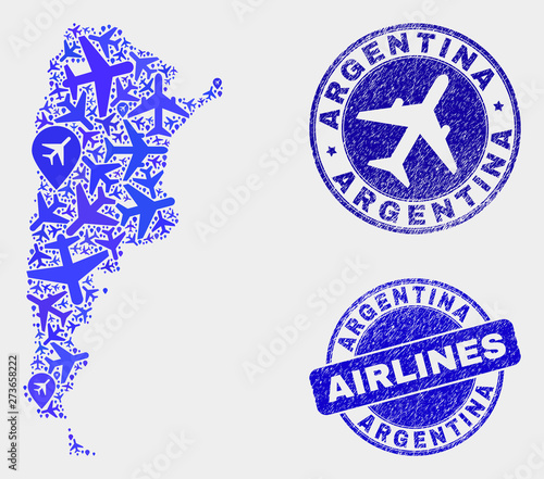 Airplane vector Argentina map composition and scratched seals. Abstract Argentina map is constructed with blue flat scattered airplane symbols and map markers. Tourism scheme in blue colors,