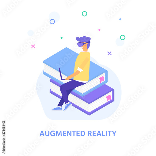 Virtual reality concept for landing page design with character  wearing goggle headset and touching vr interface, learning and interacting with imaginary or virtual world. Vector VR glasses