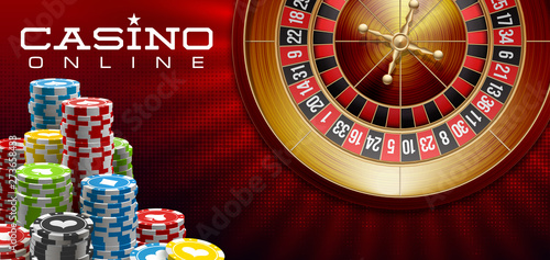 illustration Online Poker casino banner with realistic american roulette red surface table. Marketing Luxury red Banner Jackpot Online Casino with 3d classic roulette. Advertising poster poker chips