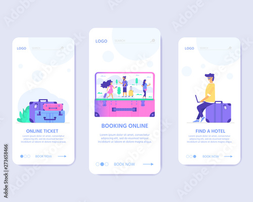 Young people with phone, bag and baggage. Travel and tourism concept for website template, online booking reservation, landing page, banner, flight tickets service. Vector illustration