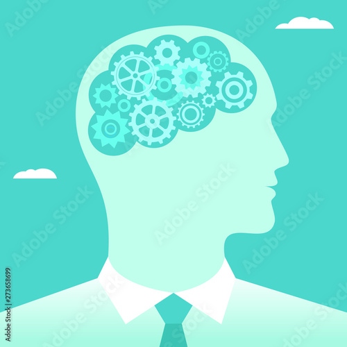 Head businessman with gears in brain. Human head thinking. Business concept. Vector illustration.