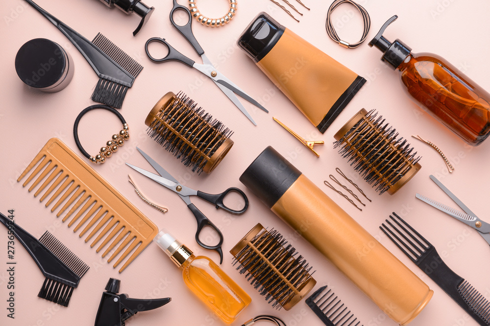 Set of hairdresser tools and accessories on color background - obrazy, fototapety, plakaty 