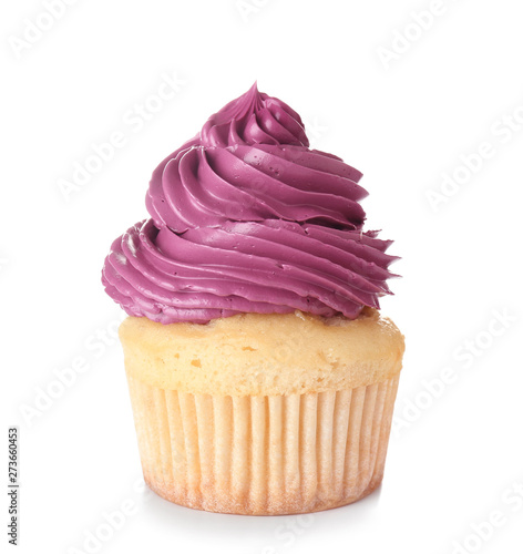 Sweet tasty cupcake on white background