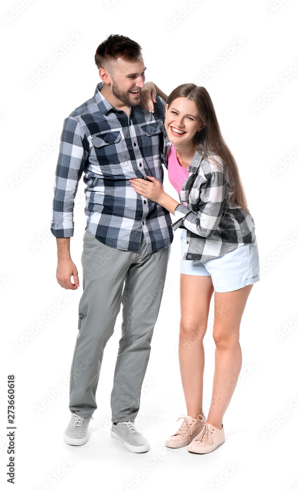 Portrait of happy young couple on white background Portrait of happy young couple on white background
