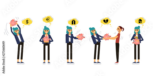 Collection of people holding cute piggy bank. Couple is arguing about money. Girl is thinking about buying a house.