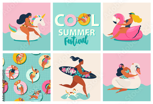 Flamingo, unicorn and swan inflatable swimming pool floats. Cartoon set of summer time with girls, pool floats, dog, an surfboard isolated on waves background.