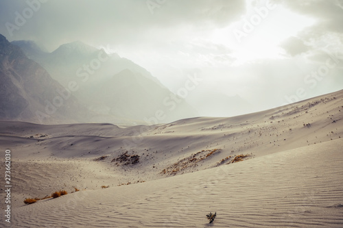 Landscape view of Sarfaranga Katpana Cold Desert against snow capped mountain range and cloudy sky in Skardu. Gilgit Baltistan, Pakistan.