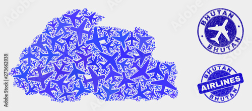 Aviation vector Bhutan map collage and scratched stamps. Abstract Bhutan map is composed from blue flat scattered aviation symbols and map locations. Flight scheme in blue colors,