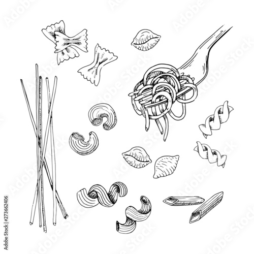 Hand drawn pasta set. Black sketched pasta collection, isolated on white background. Vintage vector illustration.