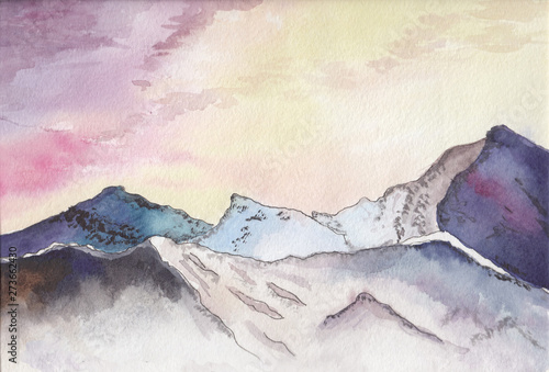 Watercolor mountain landscape. Watercolor sketch of the mountains at sunset. © Татьяна Петрова
