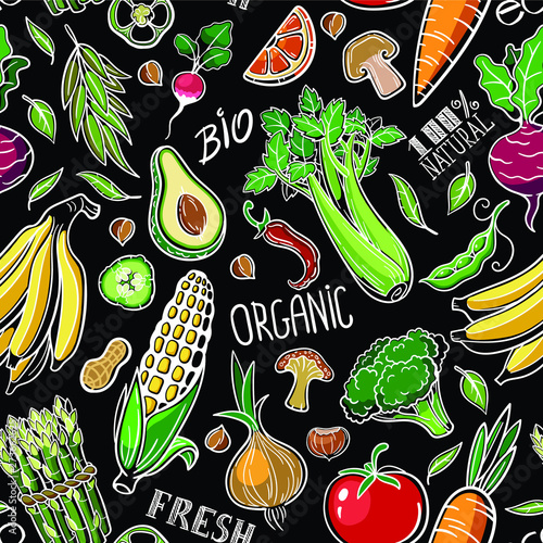 Vector set of design elements seamless pattern and background with vegetables fruits cereals mushrooms vegan food which is healthy bio organic natural photo
