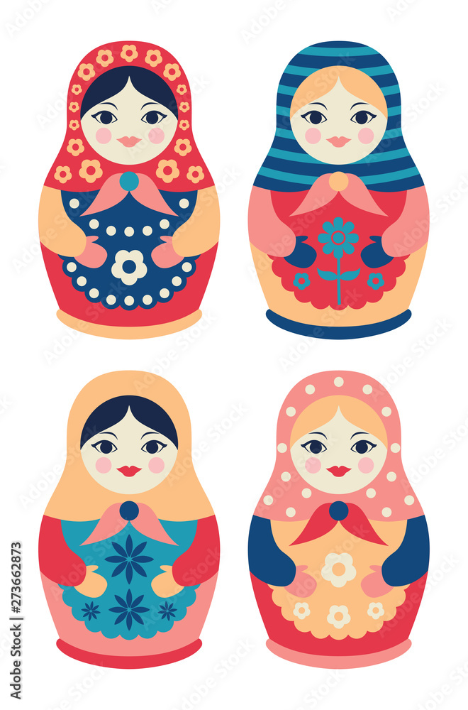 Set of traditional Russian wooden dolls in flat style. Collection of nesting matryoshkas Set of traditional Russian wooden dolls in flat style. Collection of nesting matryoshkas