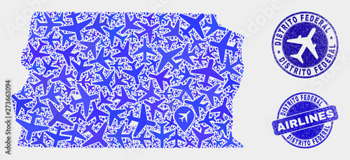 Airline vector Brazil Distrito Federal map mosaic and grunge seals. Abstract Brazil Distrito Federal map is created from blue flat random airlines symbols and map pointers.