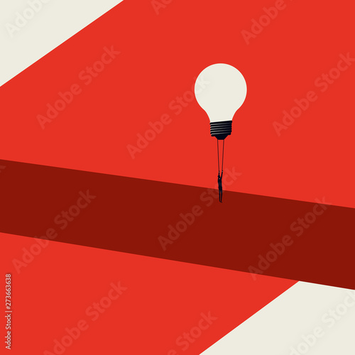 Business solution, overcome challenge vector concept. Minimalist art style. Businessman flying lightbulb balloon over hole, gap. Symbol of success, creative thinking, achievement.