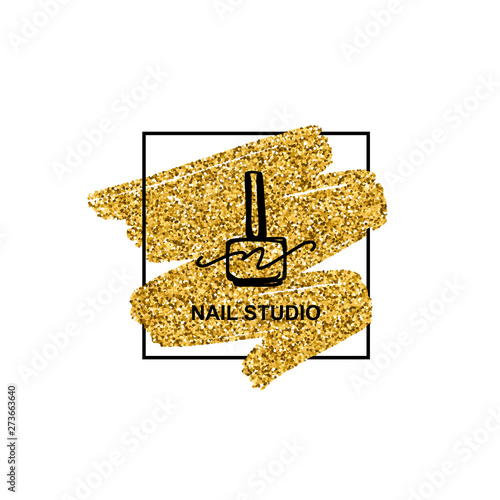 Nail polish logo with golden glitter texture in a trendy minimalist linear style. logo for a beauty salon or a manicurist. template for packaging nail Polish, nail, soap, beauty store.