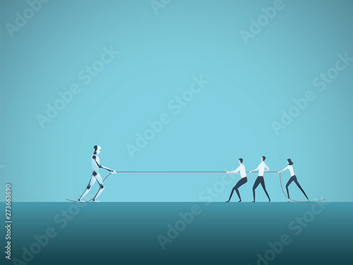 Artificial intelligence versus human vector concept with businessman and ai bot in tug of war. Symbol of competition, future, technology progress.