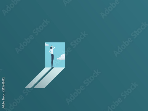 Window of opportunity in business career for woman, vector concept. Symbol of new challenge, beginning, motivation and ambition at job.