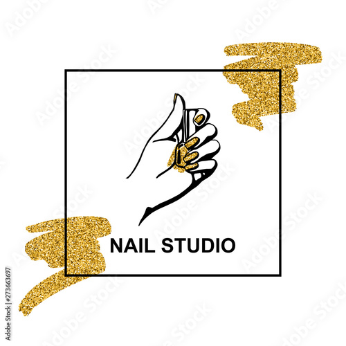 vector gold emblem with a female hand in a trendy minimalist linear style. logo for a beauty salon or a manicurist. template for packaging hand cream or nail Polish, nail, soap, beauty store.