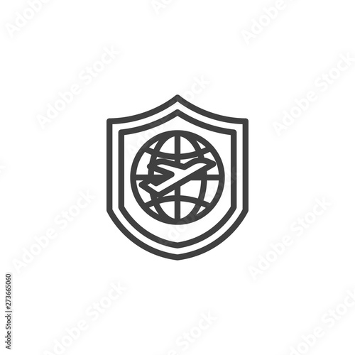 Trip insurance line icon. Shield with plane and globe linear style sign for mobile concept and web design. Travel insurance outline vector icon. Symbol, logo illustration. Vector graphics