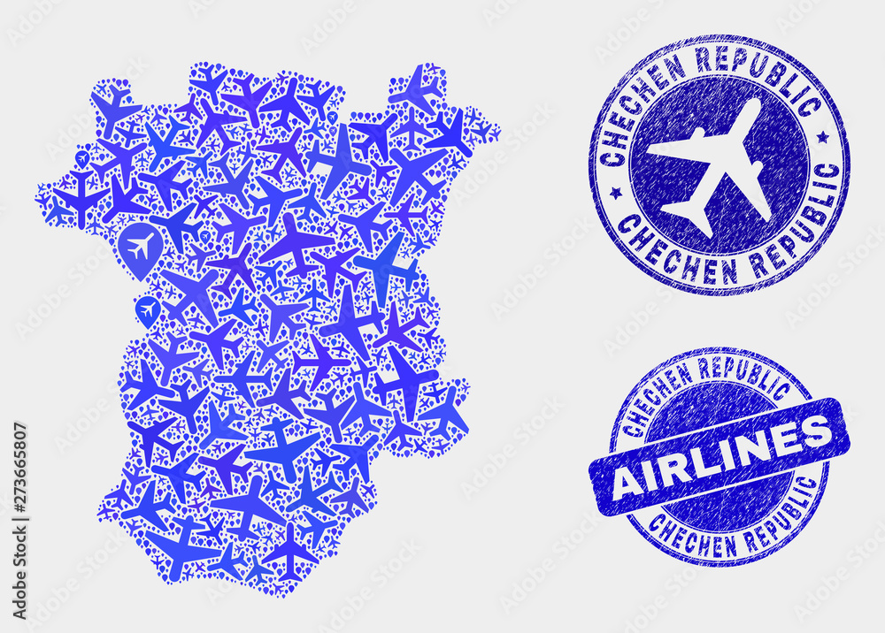 Airline vector Chechen Republic map collage and scratched watermarks. Abstract Chechen Republic map is composed with blue flat random aviation symbols and map pointers. Delivery plan in blue colors,