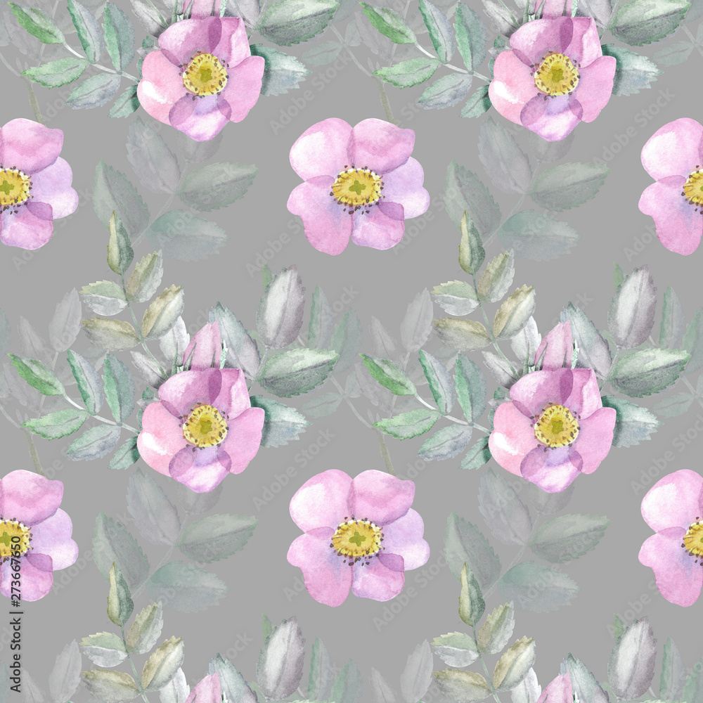 Seamless pattern with wild roses and leaves isolated on gray background. Watercolor pink flowers and green twigs Seamless pattern with wild roses and leaves isolated on gray background. Watercolor pink flowers and green twigs