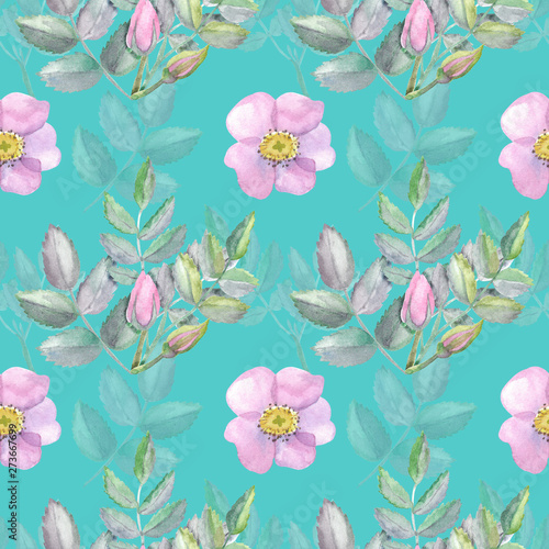 Seamless pattern with wild roses and leaves isolated on blue background. Watercolor pink flowers and green twigs