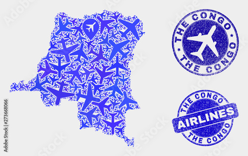 Aviation vector Democratic Republic of the Congo map composition and grunge stamps. Abstract Democratic Republic of the Congo map is done of blue flat randomized airlines symbols and map locations.