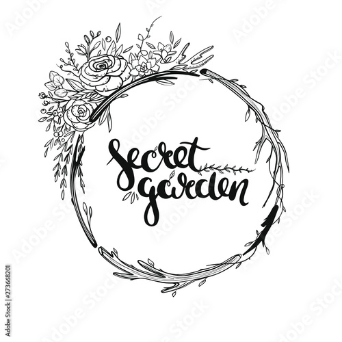 Beautiful floral wreath isolated on white. Bohemian wreath with flowers, leaves and herbs. Hand drawn vector illustration. 