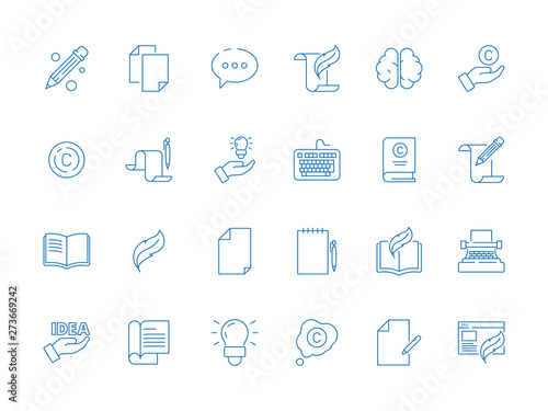 Copywriting symbols. Writers tools books hand pen article ideas blogging simple vector thin line creative icon. Illustration of writer and copywriter, idea and typewriter