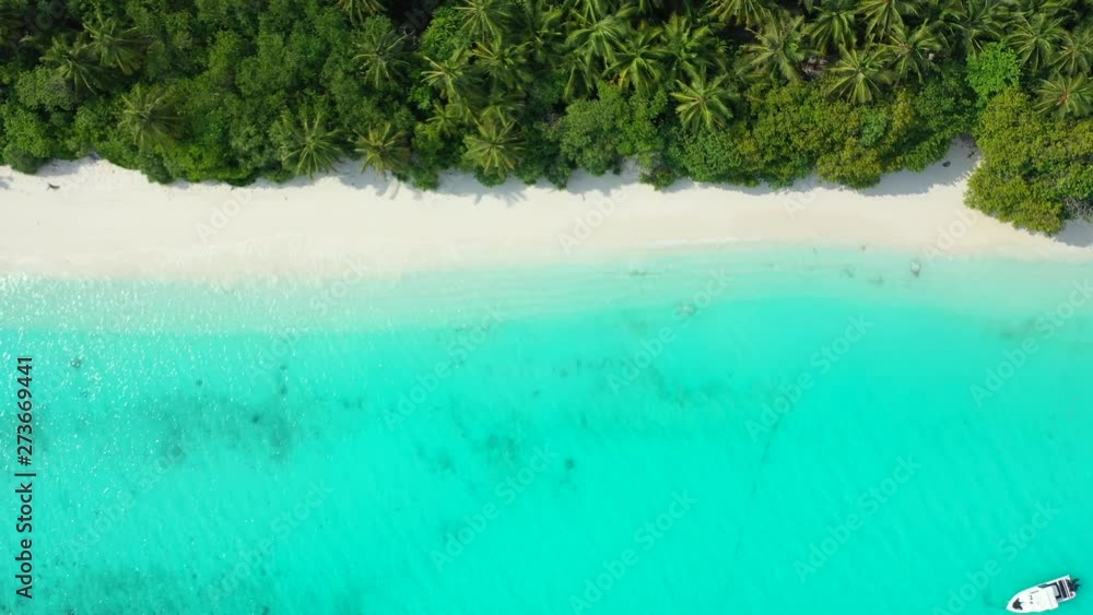 aerial view of a boat in front of a white sand strip of beach in the Maldives, Indian Ocean. Crystal clear waters and no people on the beach