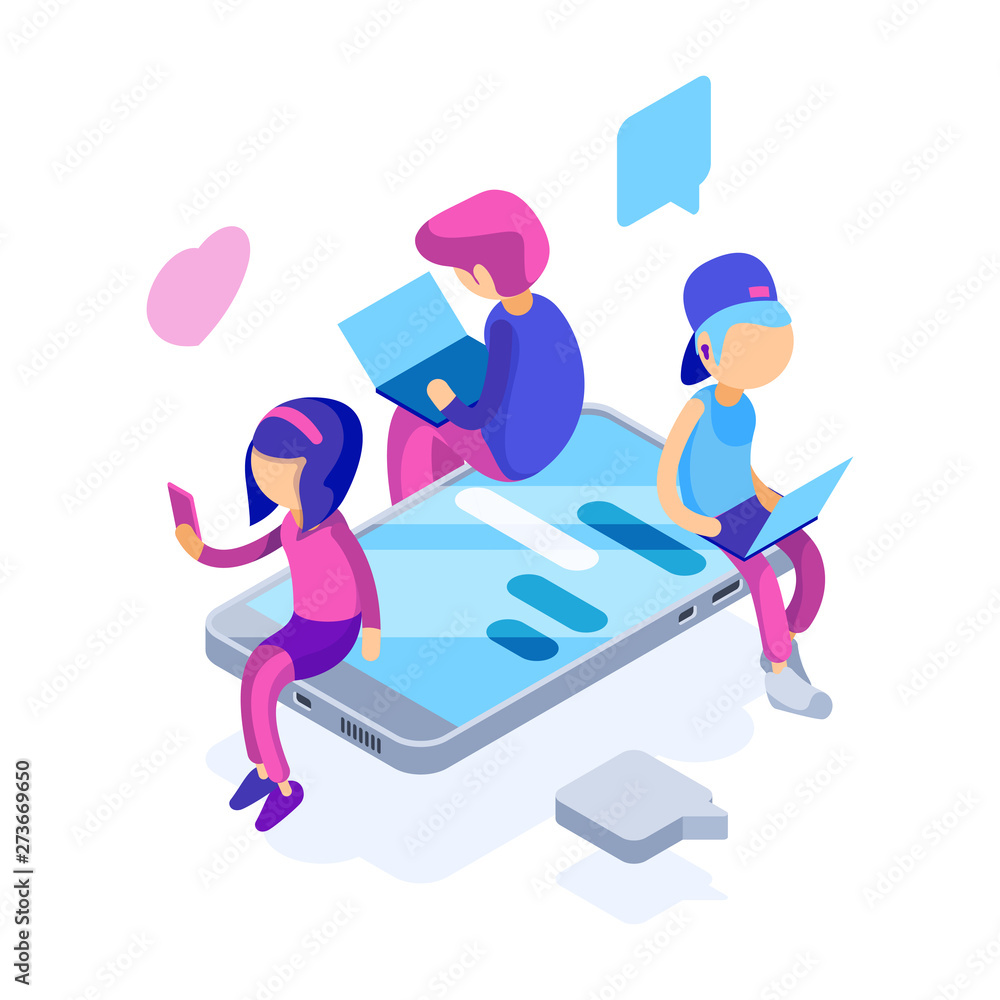 People chatting. Virtual relationship online messengers social activities at smartphone or computers vector isometric characters. Online social messenger, chat message illustration communication