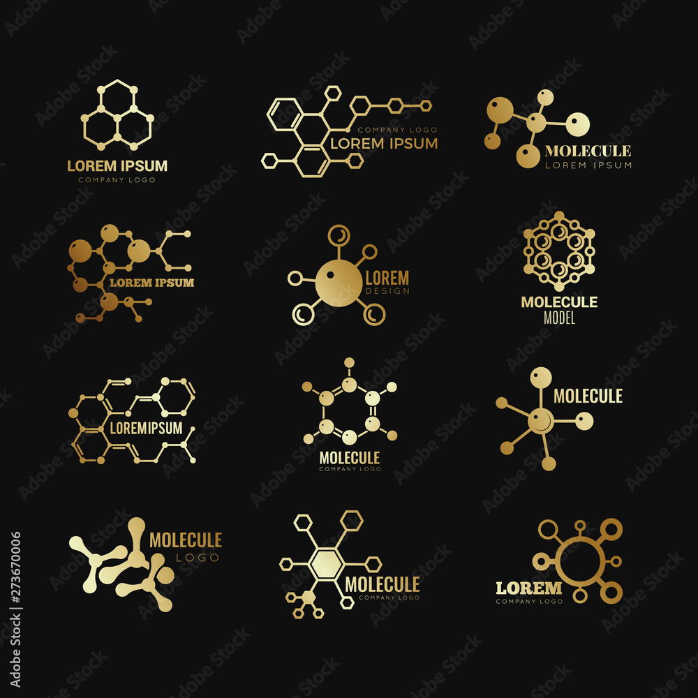 Golden molecular vector logotypes. Evolution concept formula chemistry genetic technology icons set. Golden molecular atom, chemistry research, molecule and dna scientific illustration
