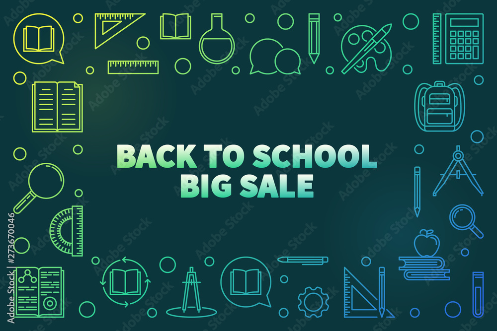 Vector Back to School Big Sale concept linear colored horizontal illustration or frame on dark background Vector Back to School Big Sale concept linear colored horizontal illustration or frame on dark background