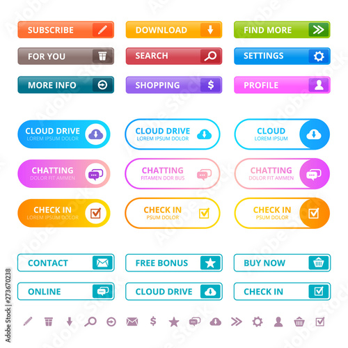 Web colored buttons. Internet ui flat elements menu colored buttons modern tabs interface vector design template. Illustration of contact user buttons, colorful subscribe and navigation