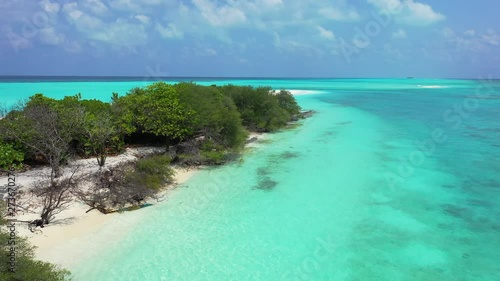 crystal clear caribbean sea with white sand island and Bursera simaruba trees commonly known as gumbo-limbo, copperwood, chaca, and turpentine tree aerial drone shot photo