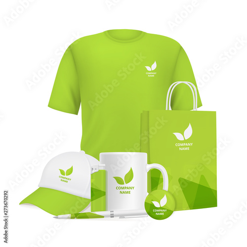 Business identity. Branding design corporate souvenirs promotional items clothing cup cap pen lighter vector realistic mockup. Illustration of cap, cup and t-shirt with company logo advertising