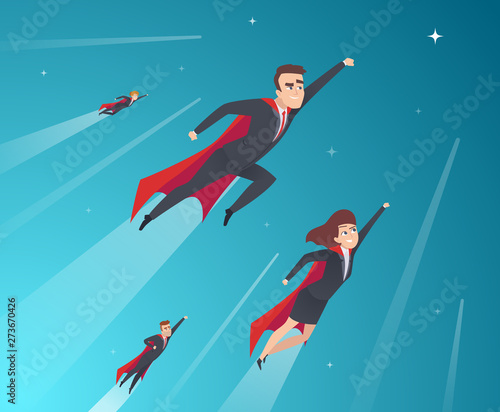 Business concept characters. Professional team working powerful superheroes in action poses vector corporate background. Illustration of superhero people, business team hero