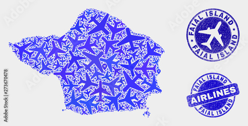 Aircraft vector Faial Island map mosaic and scratched stamps. Abstract Faial Island map is formed from blue flat randomized aircraft symbols and map pointers. Transport scheme in blue colors,