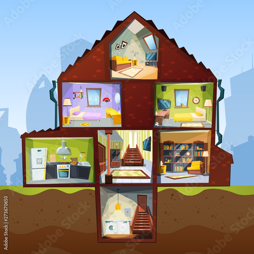 House cross section. Room indoor bedroom basement apartment interior vector cartoon style pictures. Illustration of house interior with bedroom and mansard