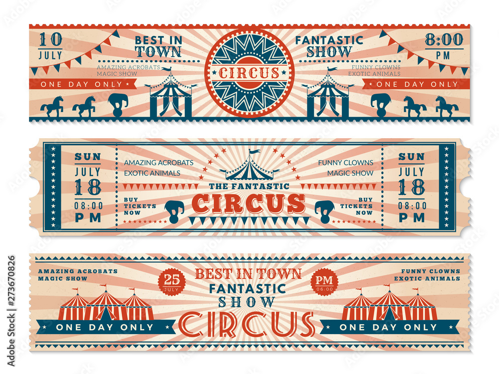 Circus tickets. Horizontal banners invitation for circus show carnival