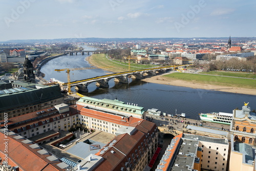 Aerial view of Dresden cathedral of the Holy Trinity with Augustus bridge over Elbe in Dresden, Germany, sunny spring day