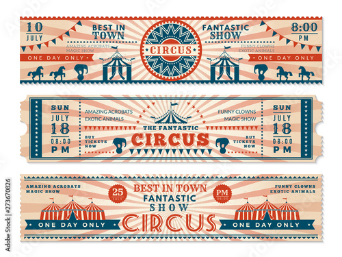 Circus tickets. Horizontal banners invitation for circus show carnival retro web vector banners. Illustration of ticket to circus, entertainment amusement invitation