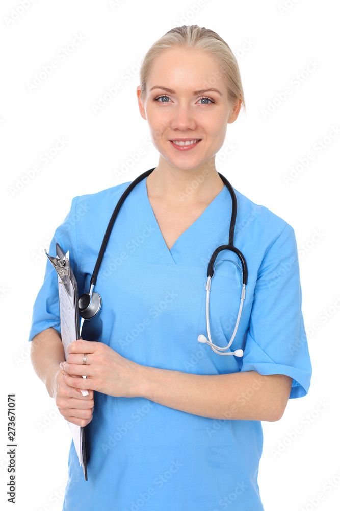 Doctor woman or nurse isolated over white background. Cheerful smiling medical staff representative. Medicine concept Doctor woman or nurse isolated over white background. Cheerful smiling medical staff representative. Medicine concept