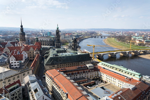 Aerial view of Dresden cathedral of the Holy Trinity with Augustus bridge over Elbe in Dresden, Germany, sunny spring day