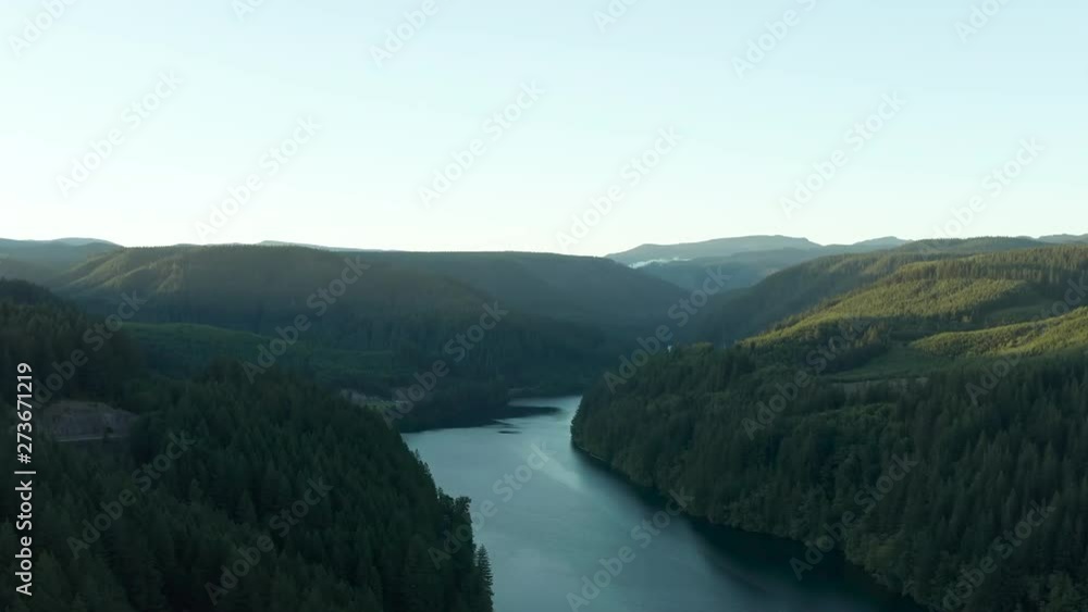 A drone shot of the Clackamas river in Oregon during sunrise. A drone shot of the Clackamas river in Oregon during sunrise.